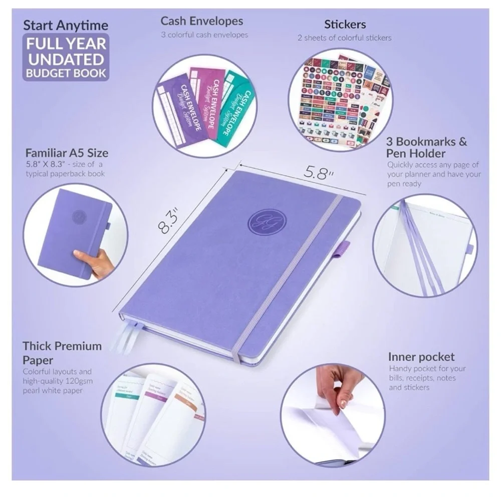 Lavender GoGirl Budget Book. Size A5. Expense Tracker, Envelopes, Stickers. New.